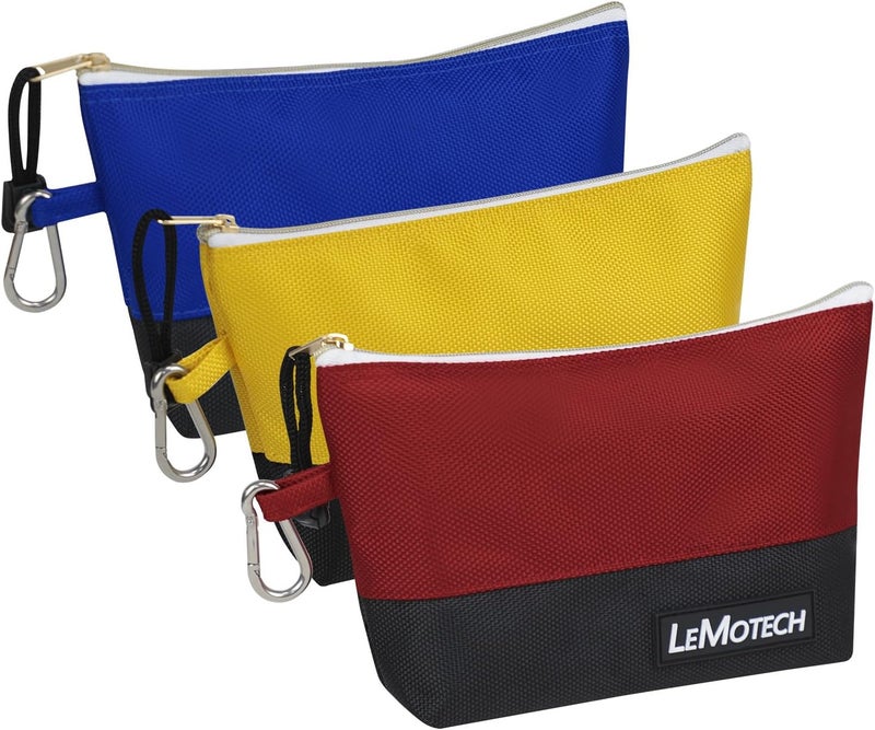LeMotech Tool Pouches with Zipper, Water Resistant Small Tool Bags, 1680D Oxford Utility Bag for Tool Organizers and Storage, Red/Yellow/Blue 3 Pack - Image 1